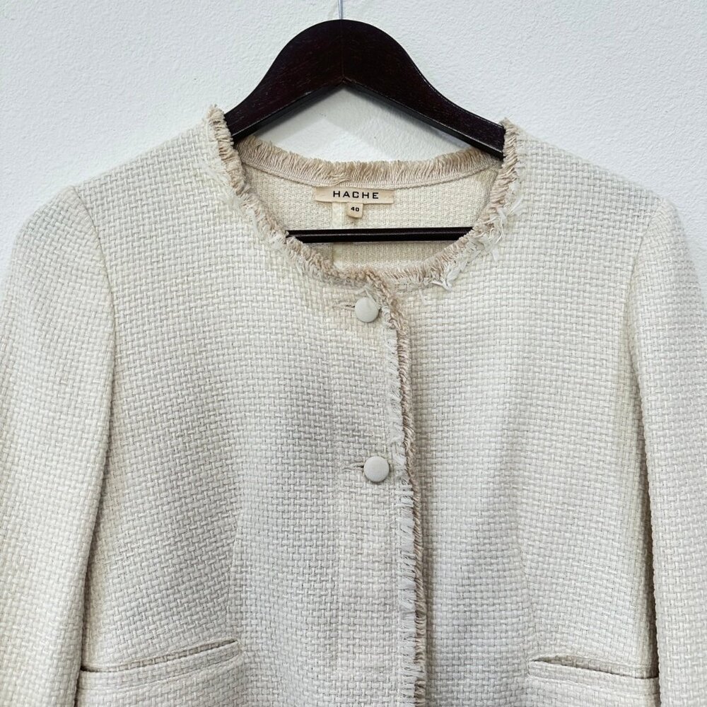 Hache Cream Tweed Blazer with Fringe Hem - Picture 3 of 9